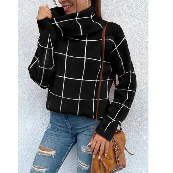 Black Grid Printed Long Sweater Plaid Pattern Split Sides Pullover Turtleneck - Picture 9 of 14